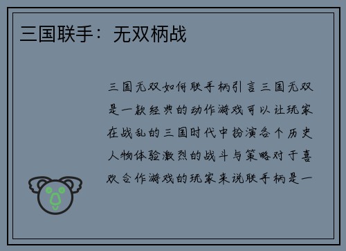 三国联手：无双柄战
